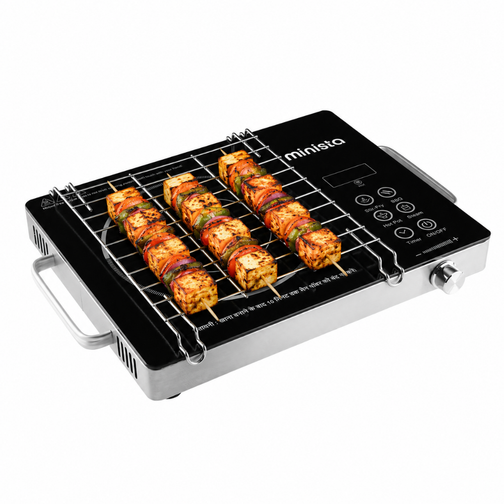 Minista 2200W Infrared Induction Cooktop Stove With Grill Rack, Premium Glass Top, Touch Control, Digital Display, 4 cooking modes, Auto Shut Off